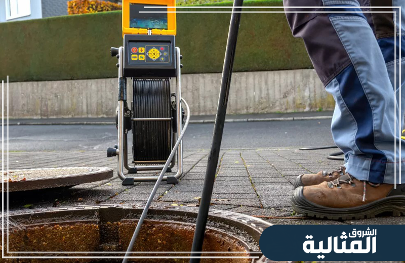 يقوم الفني بتنظيف المجاري والمصارف بدقة لضمان عودة المياه للجريان الطبيعي بسهولة.